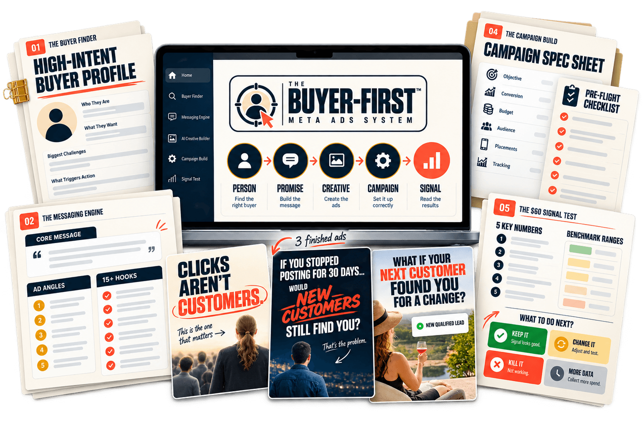 The Buyer-First Meta Ads System: five-step framework with the High-Intent Buyer Profile, Messaging Engine, three finished ads, Campaign Spec Sheet, Pre-Flight Checklist and Signal Test